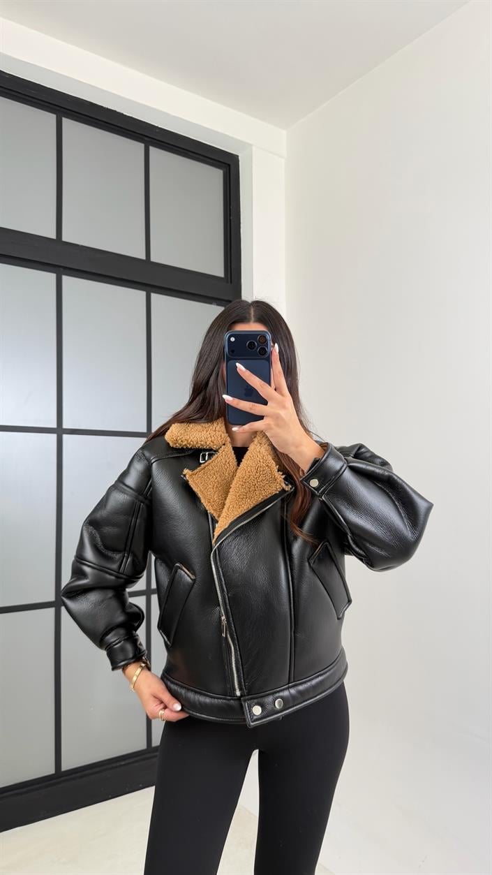 Kahve İçi Peluşlu Deri Mont GAUS-00608