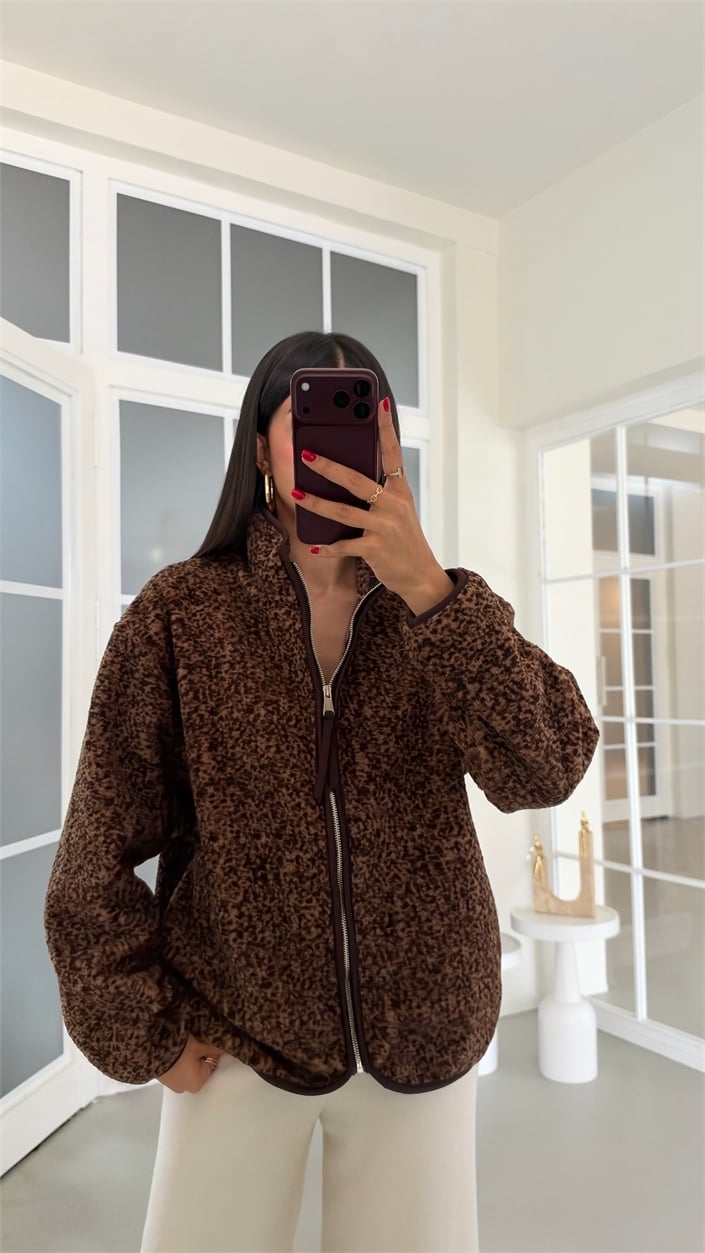 Kahve Desenli Fermuarlı Cepli Polar Sweatshirt GAUS-01916 GAUS-02292