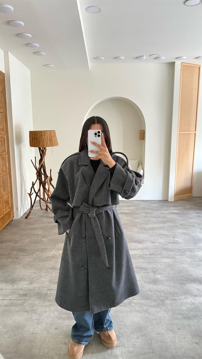 Antrasit Astarlı Kuşaklı Premium Kaşe Kaban GAUS-00505