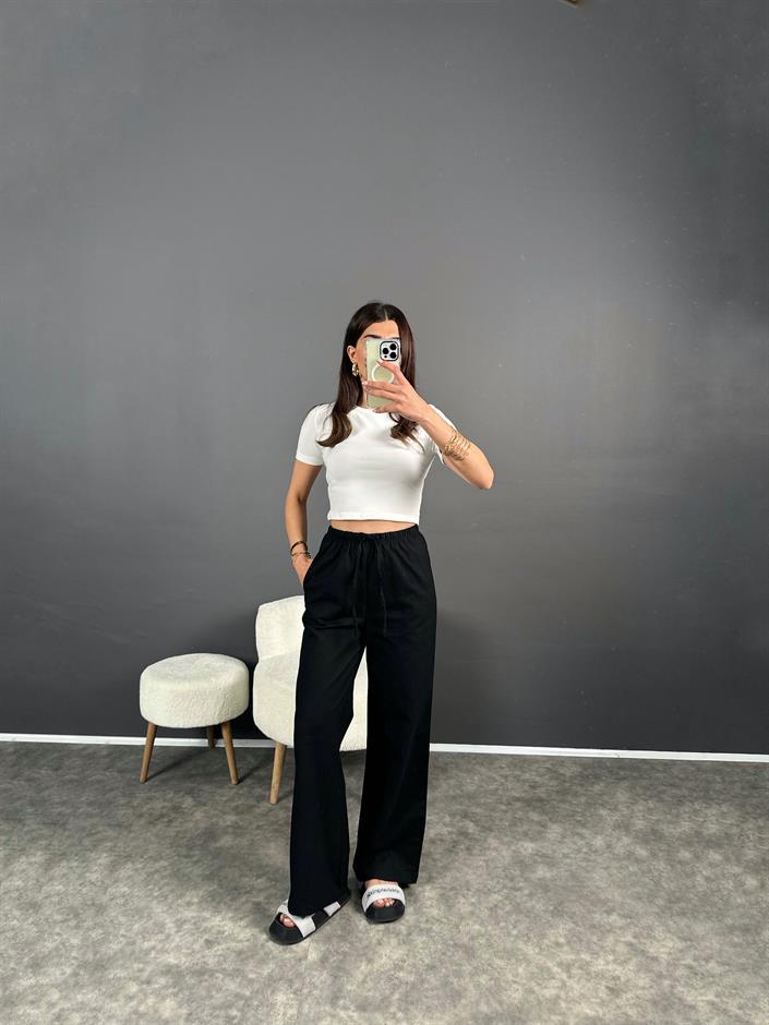 Nia Siyah Keten Beli Lastikli Pantolon