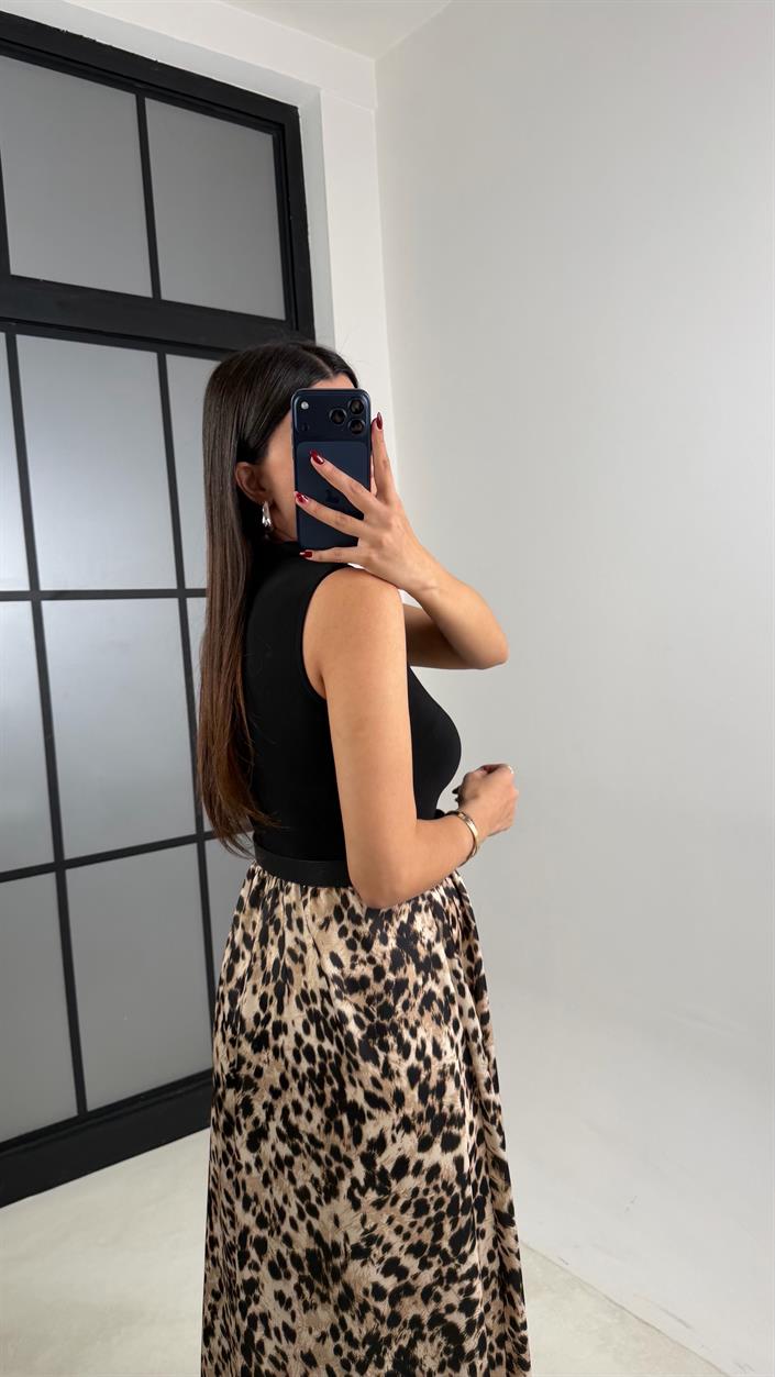 Siyah Sıfır Kol Kemerli Leopar Desenli Elbise GAUS-00678
