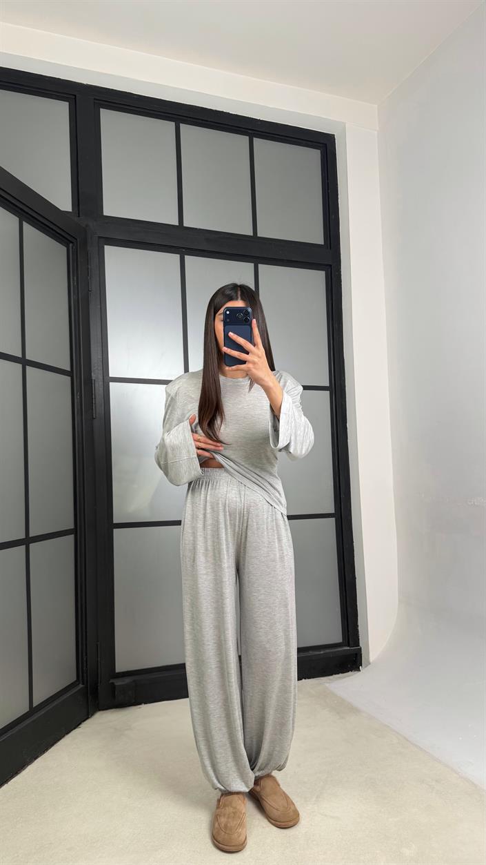 Gri Beli Ayarlanabilir Vatkalı Bluz Eşofman Takım GAUS-01307
