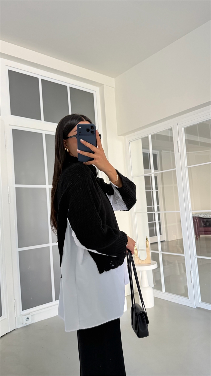 Siyah Gömlek Detaylı Örme Hırka Beli Lastikli Cepli Pantolon İkili Triko Takım GAUS-02132