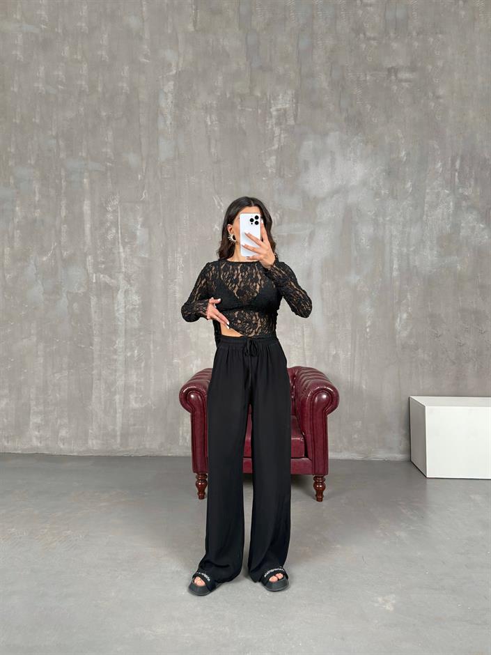 İvo Siyah Belden İpli Viskon Karışımlı Pantolon