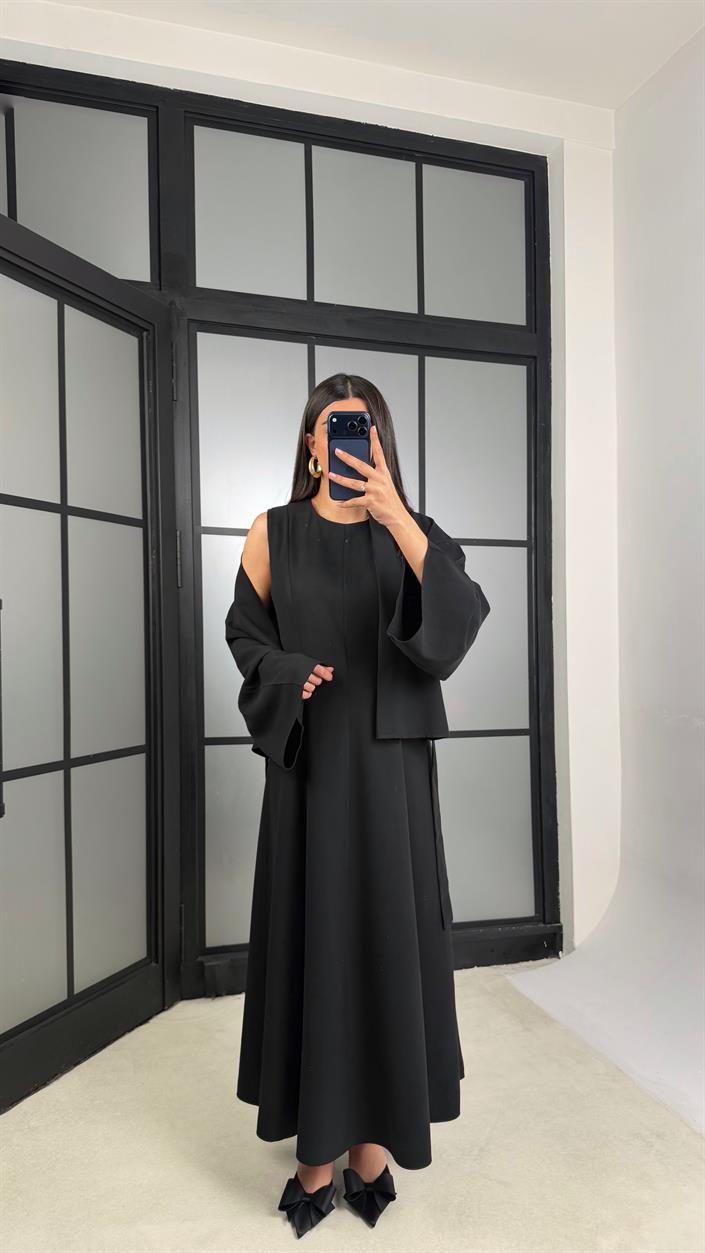 Siyah Kuşaklı Ceket Elbise Premium Tencel Takım GAUS-01165
