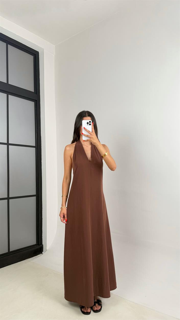 Kahve Boyundan Bağlamalı V Yaka Tencel Elbise GAUS-0014