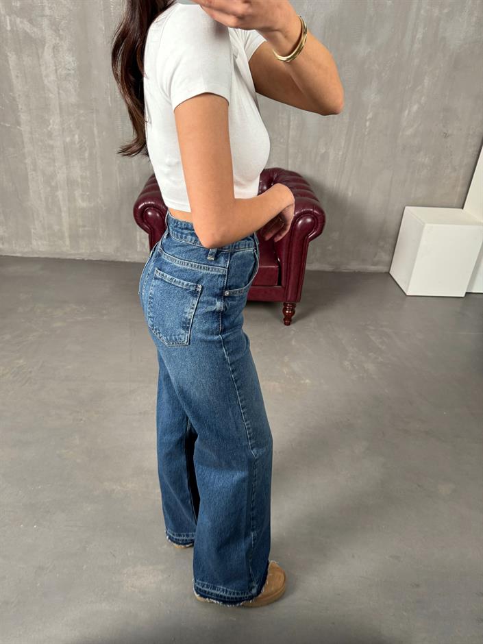 Chest Orta Mavi Paça Detaylı Wide Leg Jean