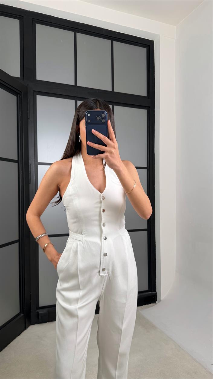 Beyaz Boyundan Bağlamalı Tasarım Tencel Denim Tulum GAUS-01357