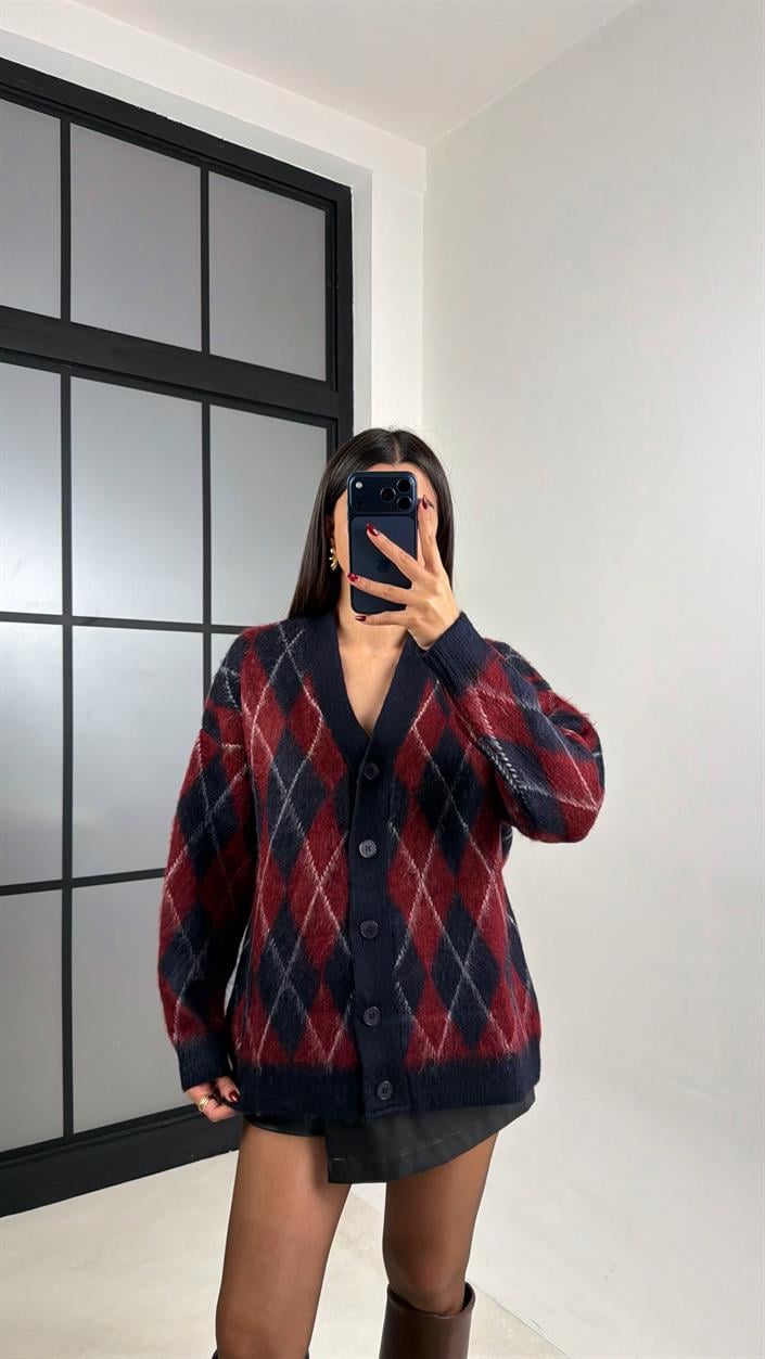 Bordo Baklava Desenli Triko Hırka GAUS-00627