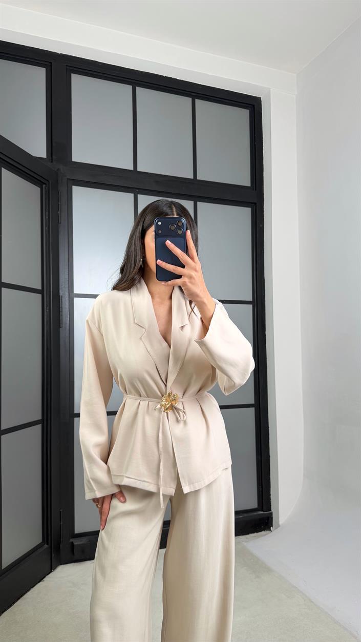 Taş Broş Detaylı Kimono Beli Lastikli Pantolon Takım GAUS-01345