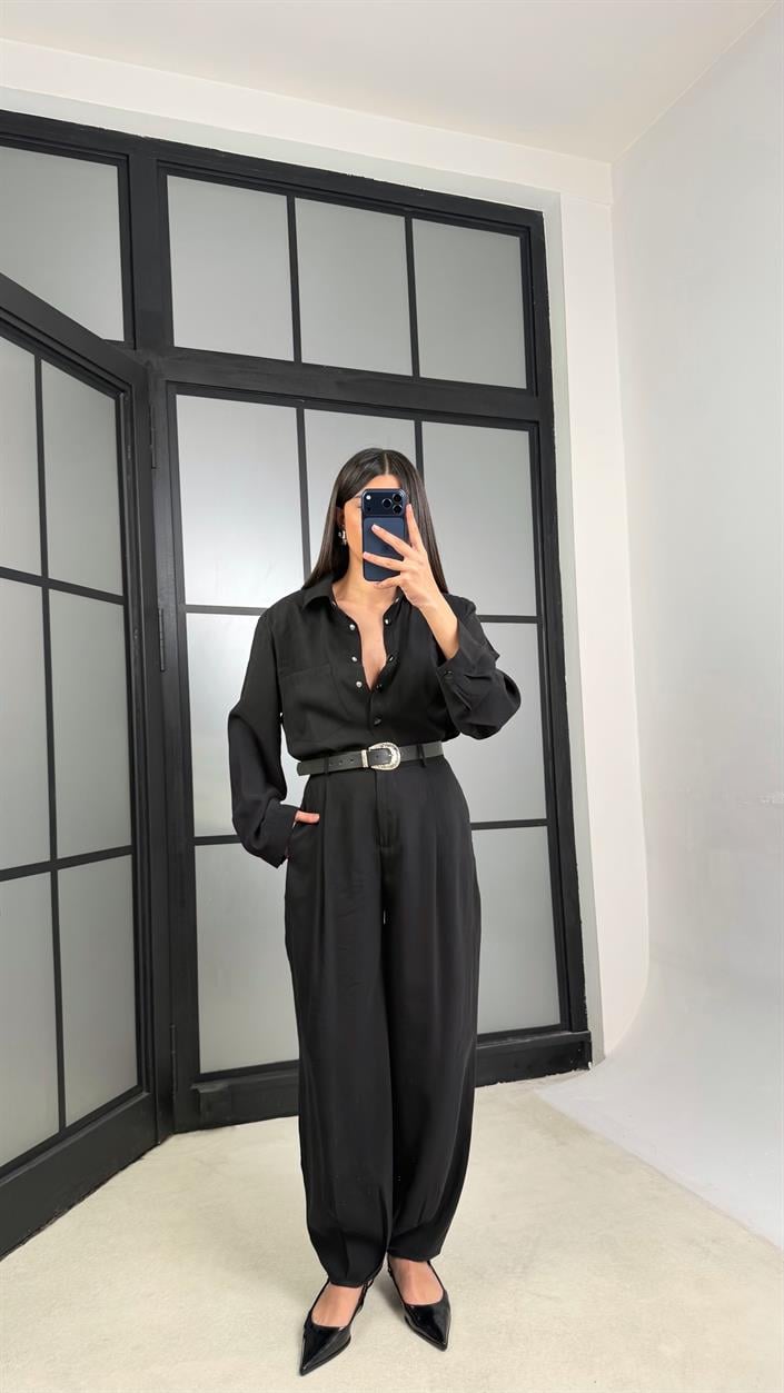 Siyah Vatkalı Gömlek Kemerli Pantolon İkili Tencel Takım GAUS-01319