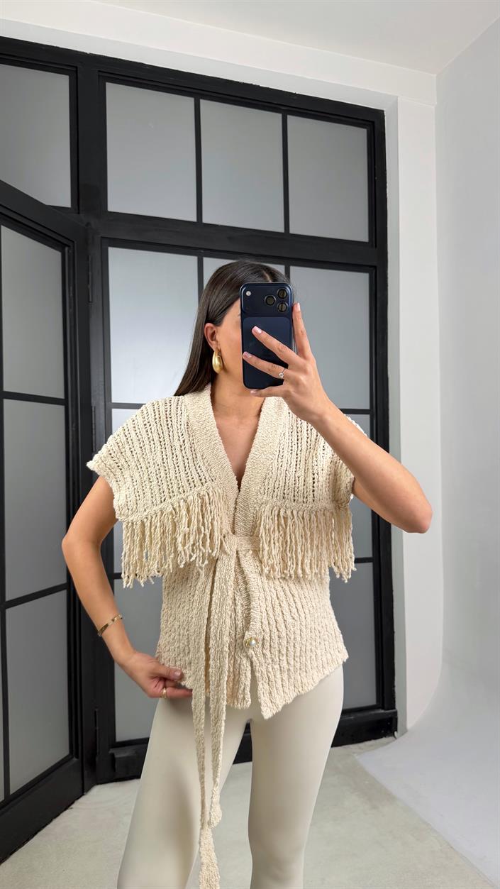 Taş Püsküllü Kuşaklı Triko Yelek GAUS-01193