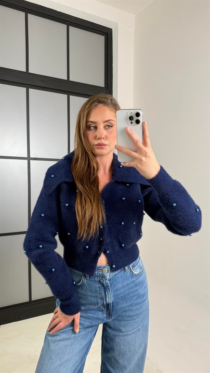 Lacivert Boncuk İşlemeli Yakalı Hırka GAUS-00765