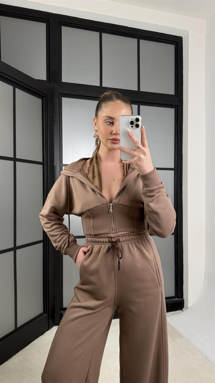 Sütlü Kahve Dantel Detaylı Hırka Beli Lastikli Eşofman Takım GAUS-01226