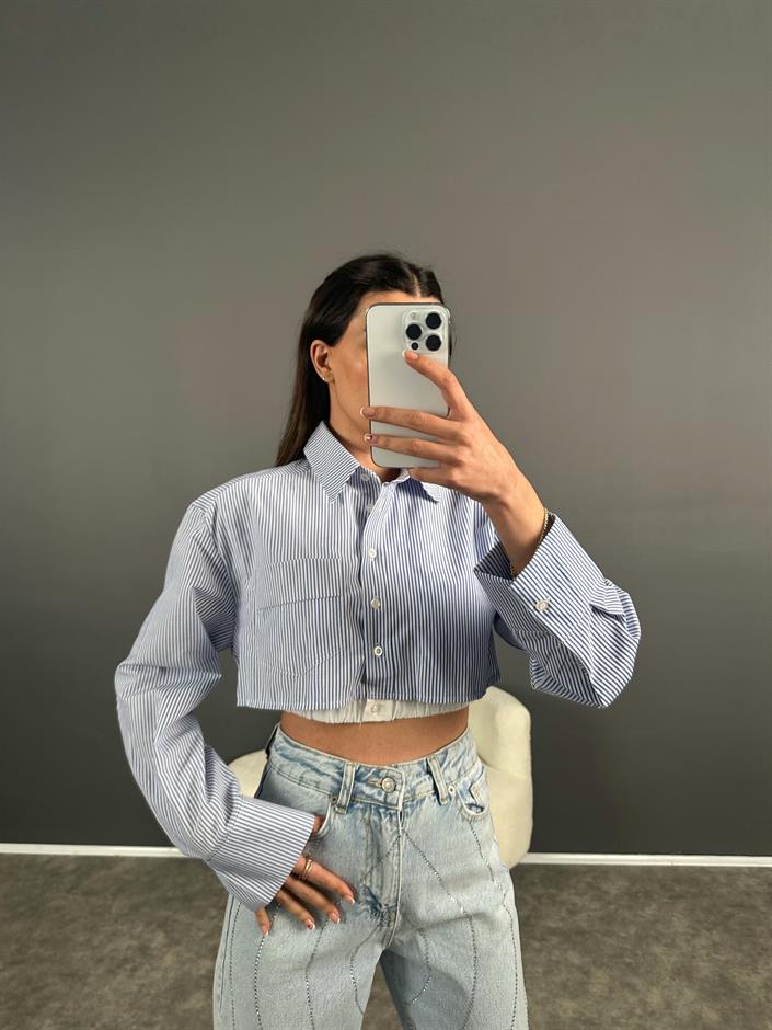 ZR Model Crop Boxer Detaylı Mavi Çizgili Gömlek 