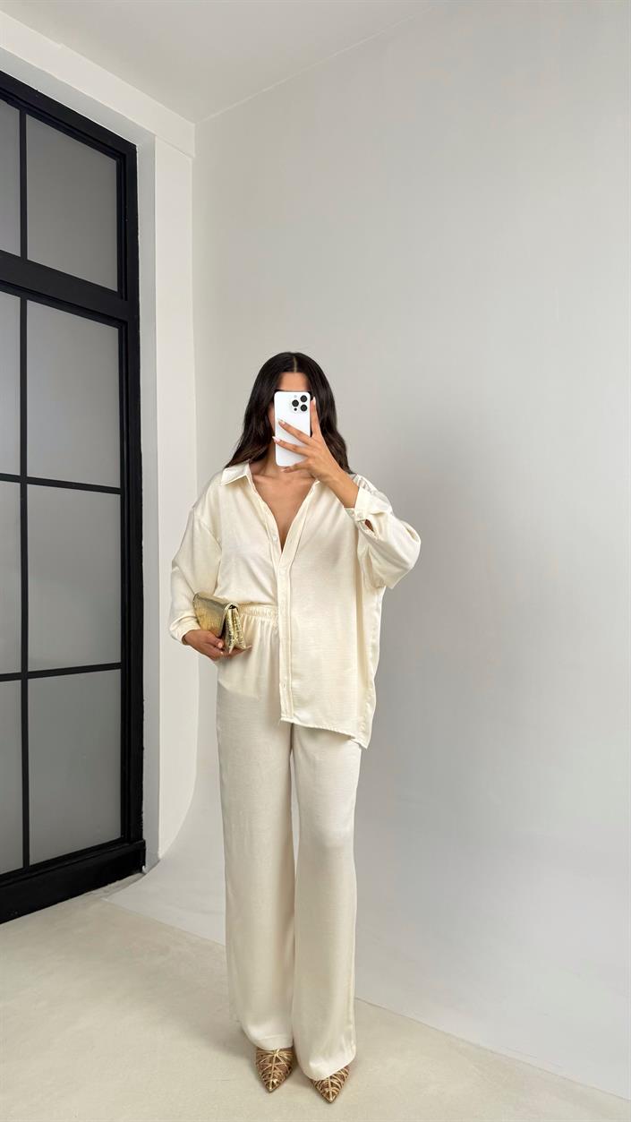 Ekru Gömlek Beli Lastikli Pantolon İkili Premium Saten Takım GAUS-0074