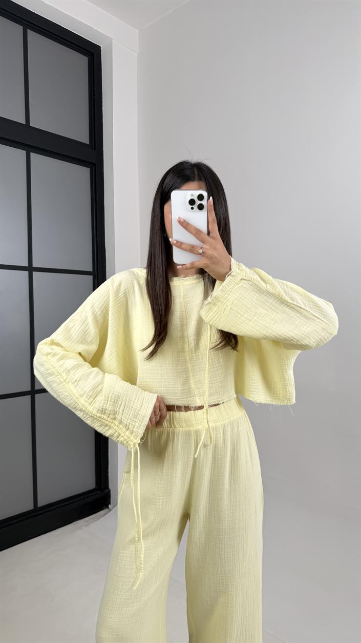 Sarı Kol Büzgülü Crop Beli Lastikli Pantolon Tasarım Müslin Takım Gaus00581