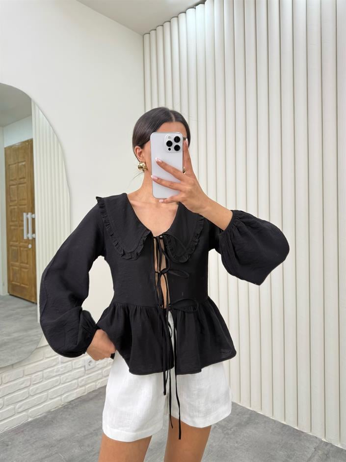 Siyah Bebe Yaka Önü Bağlamalı Bluz Gaus00334