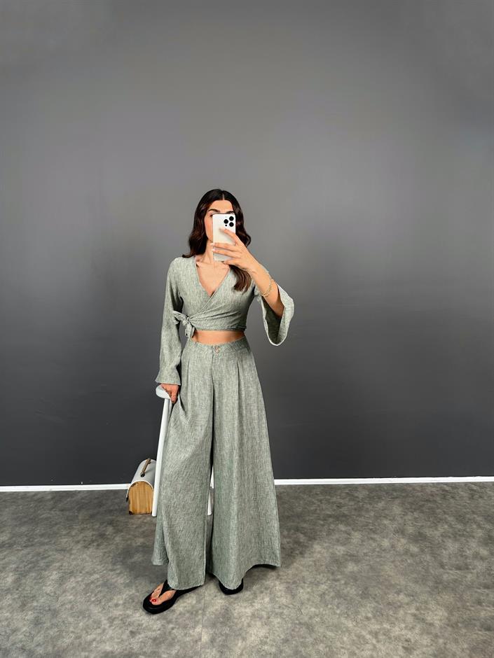 Libens Mint Yeşil Crop Bol Paça Pantolon Takım