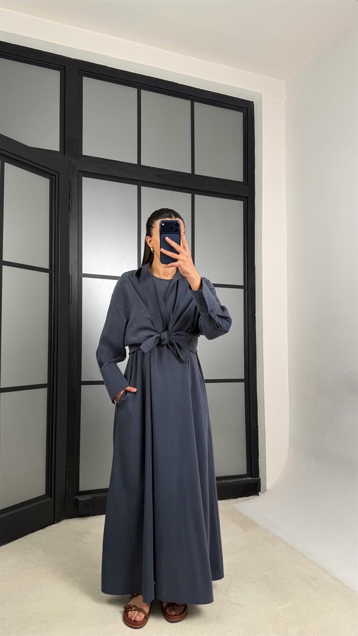 Lacivert Gömlek Elbise Oversize İkili Tencel Takım GAUS-01423