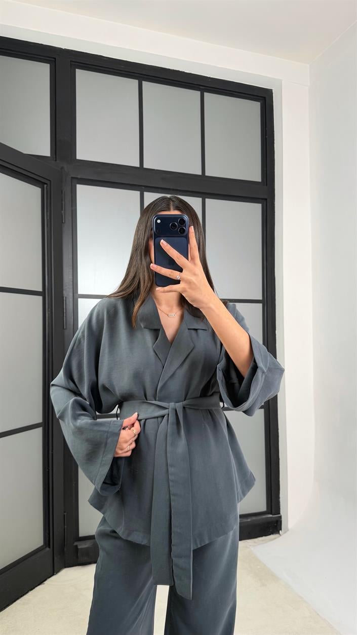 Antrasit Kuşaklı Ceket Beli Lastikli Pantolon Tencel Takım GAUS-01128