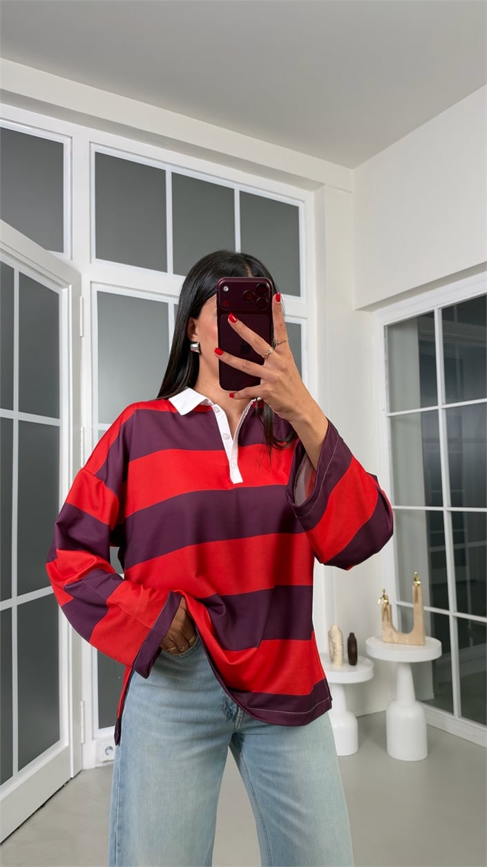 Kırmızı Polo Yaka Şeritli Bluz GAUS-02306