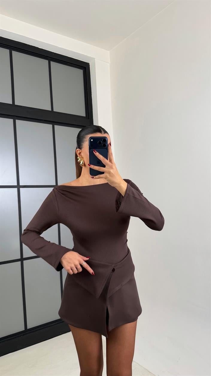 Acı Kahve Mini Elbise Etekli İkili Takım GAUS-00717