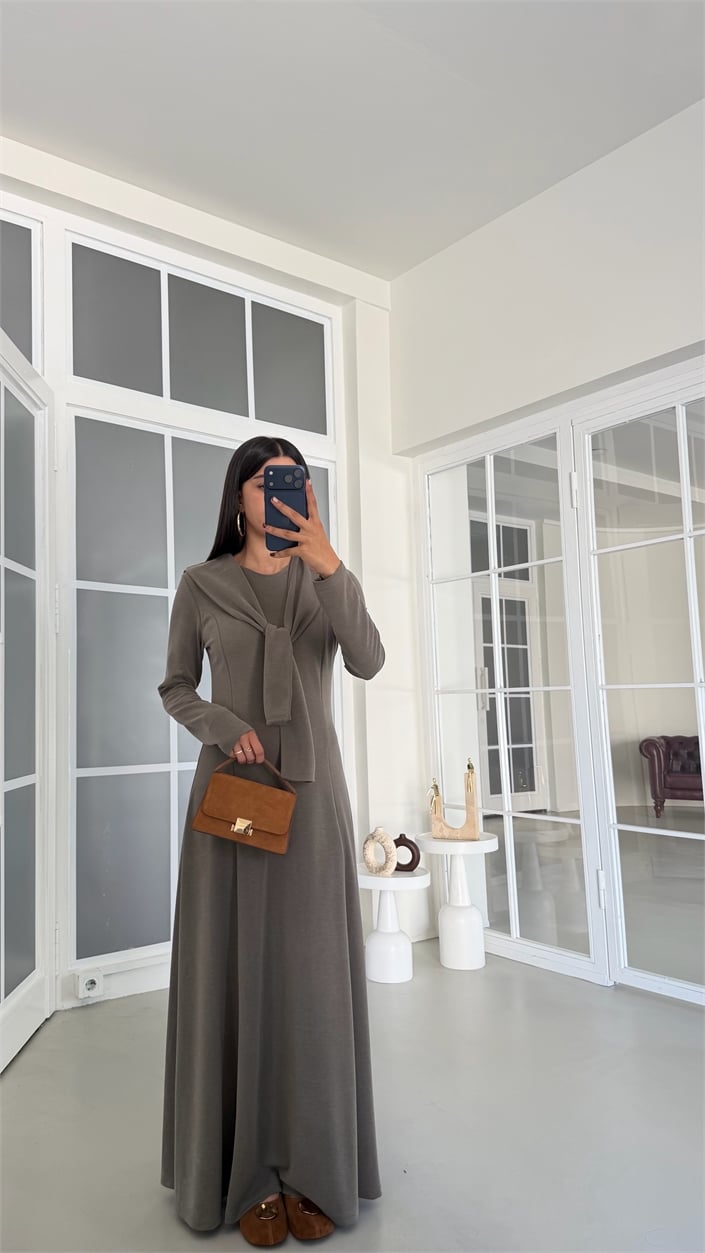 Haki Şal Detaylı Modal Kumaş Elbise GAUS-01917