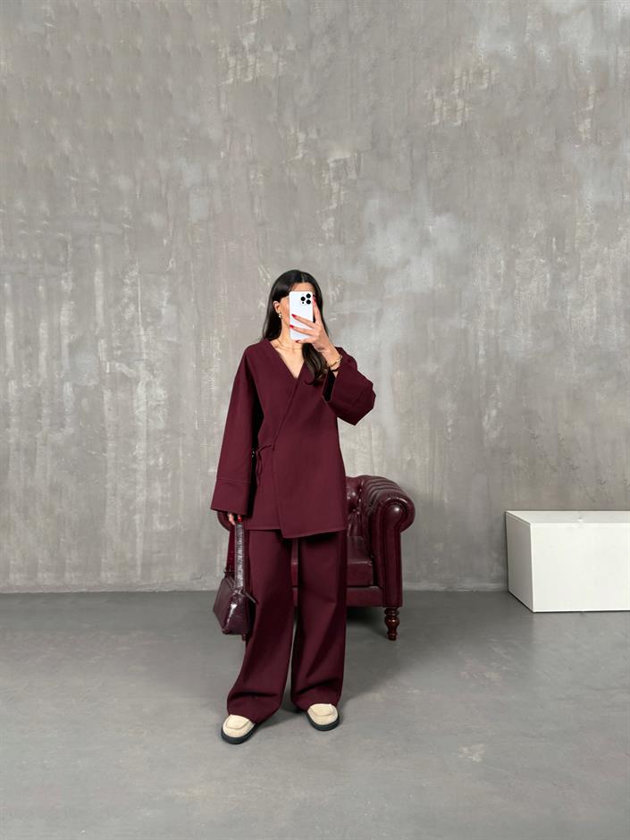 Rozali Bordo Gabardin Kimono İkili Takım