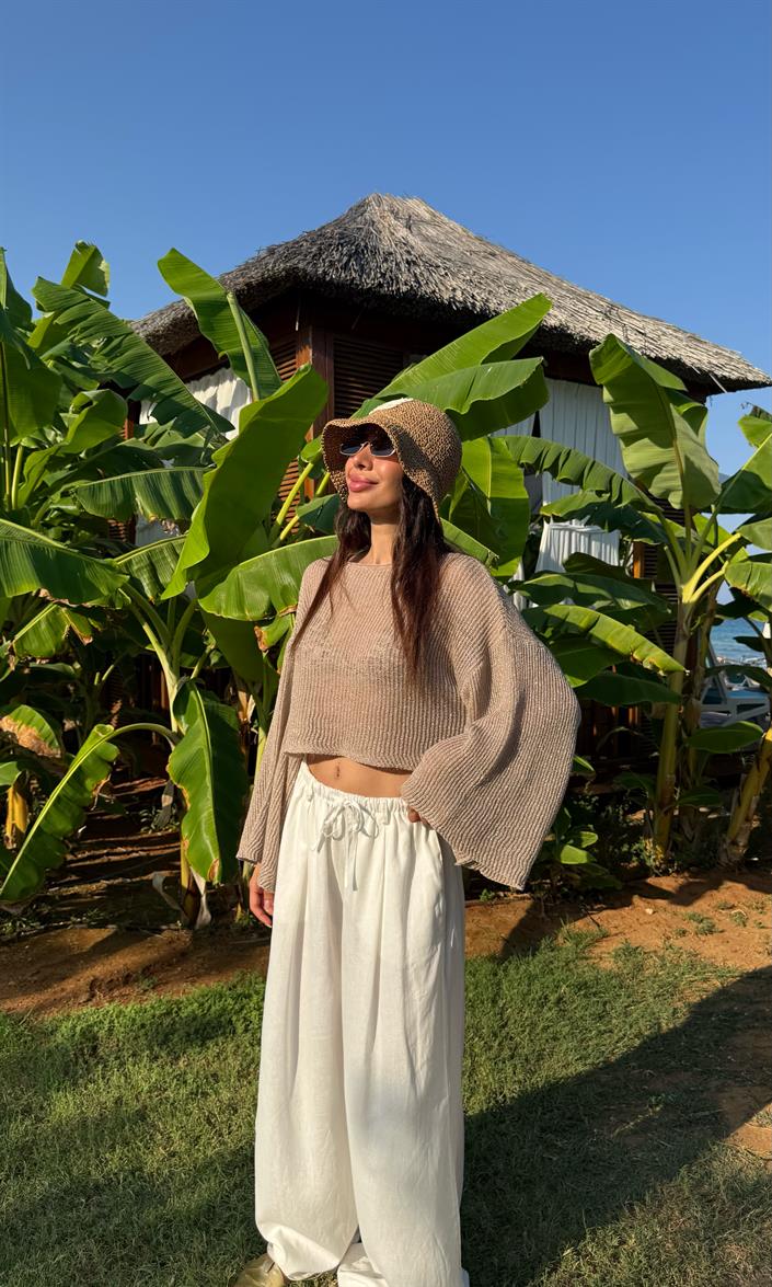 Haki Önden Bağlamlı Beli Lastikli Bluz Etek İkili Kırışık Tencel Takım Gaus00655