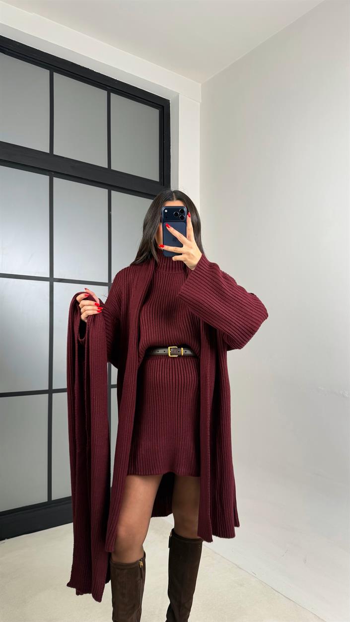 Bordo Şal Detaylı Hırka Kazak Beli Lastikli Etek Triko Takım GAUS-01039