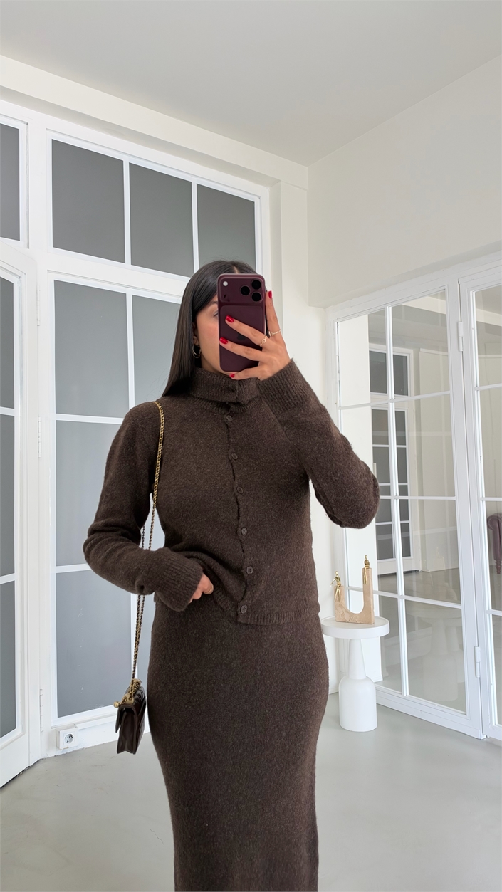 Kahve Hırka Beli Lastikli Etek İkili Triko Takım GAUS-02184