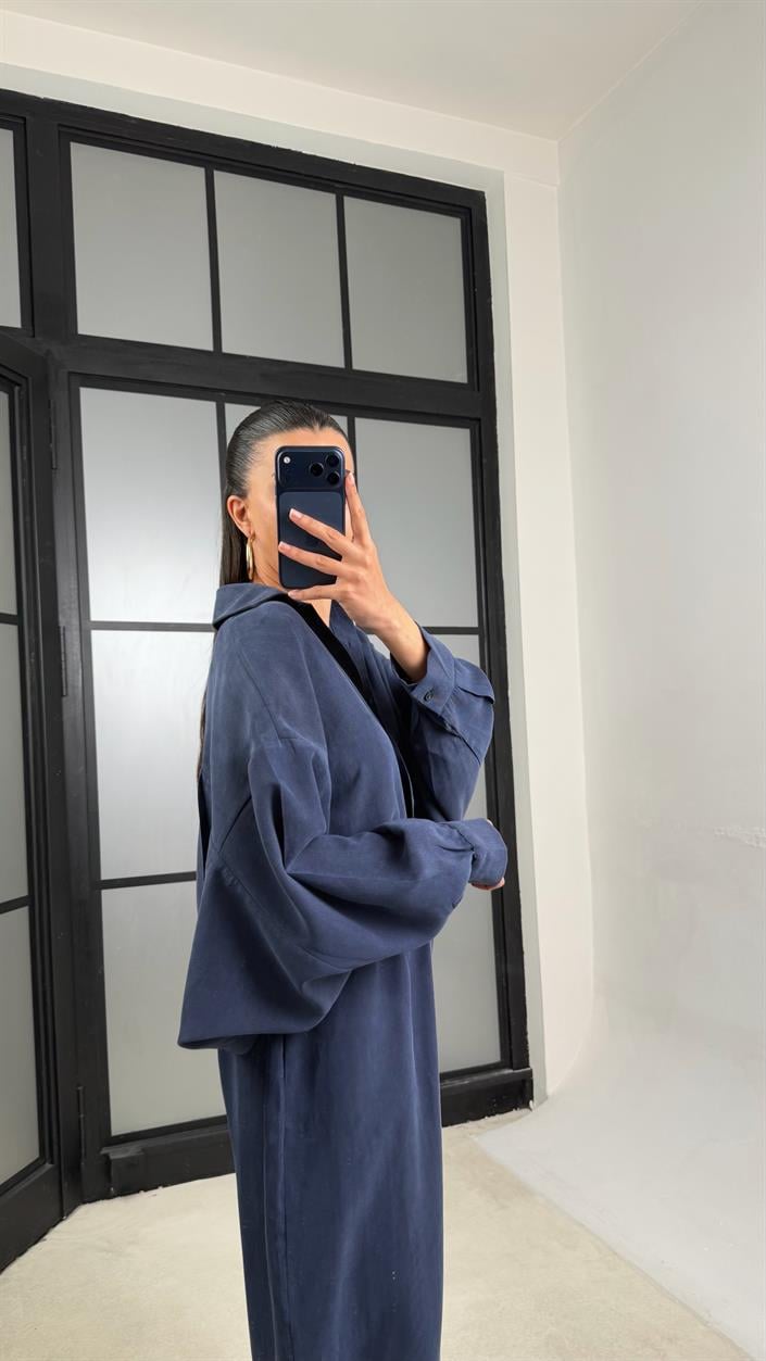 Lacivert MD Muadil Gömlek Beli Lastikli Şalvar Pantolon Tencel Takım GAUS-01500