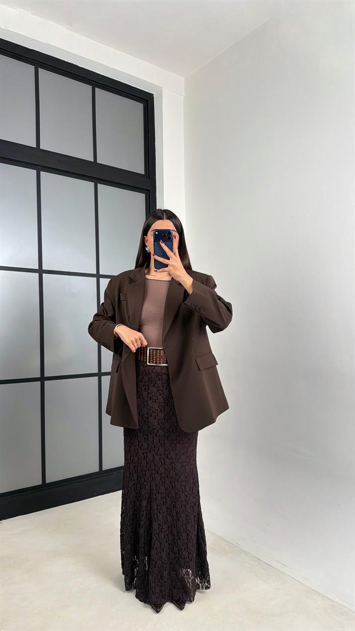 Acı Kahve Maxi Boy Full Astarlı Dantel Etek GAUS-00714
