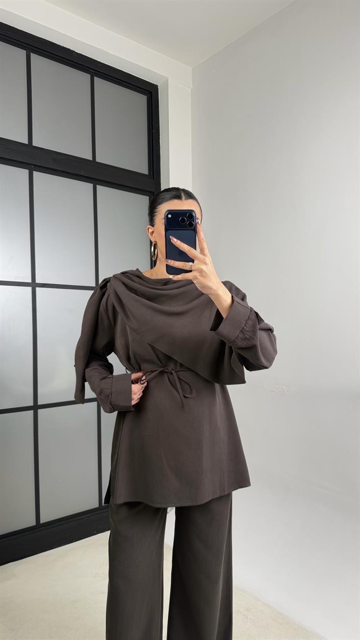 Acı Kahve Şal Detaylı Belden Kuşaklı Beli Lastikli İthal Kumaş İkili Takım GAUS-01154