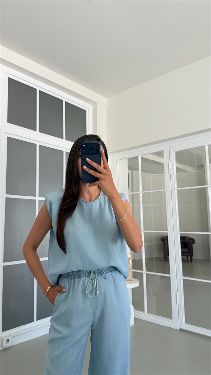 Mavi Vatkalı Bluz Beli Lastikli Pantolon İkili Tencel Denim Takım GAUS-01730
