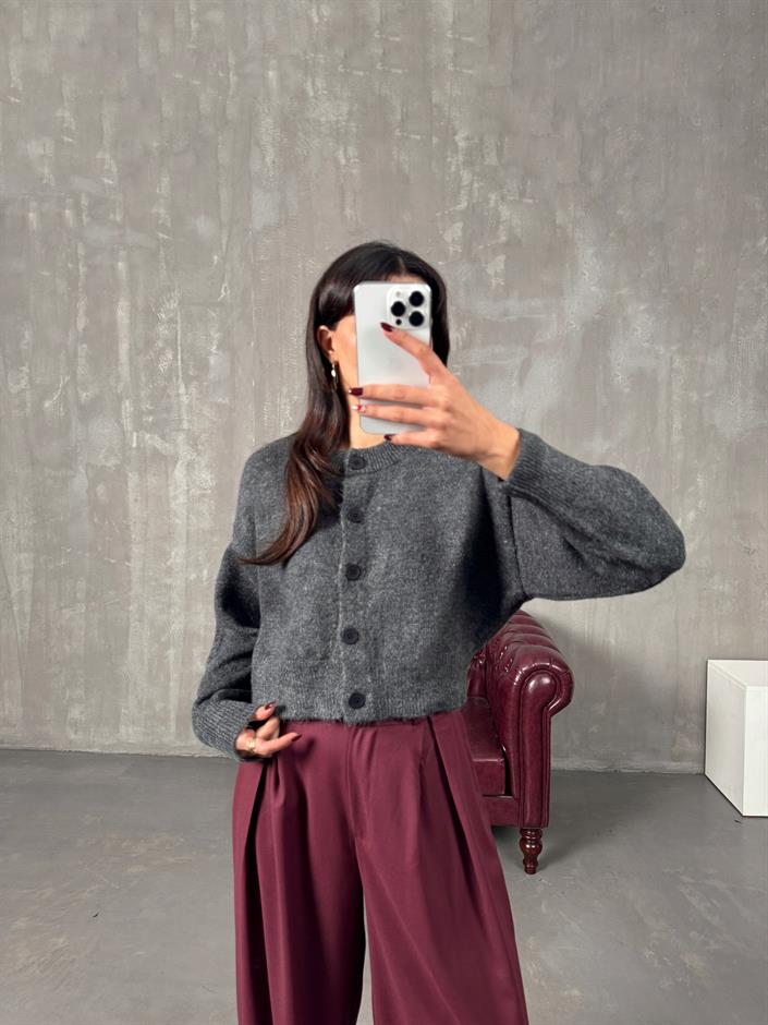 Tony Antrasit Düğmeli Crop Hırka