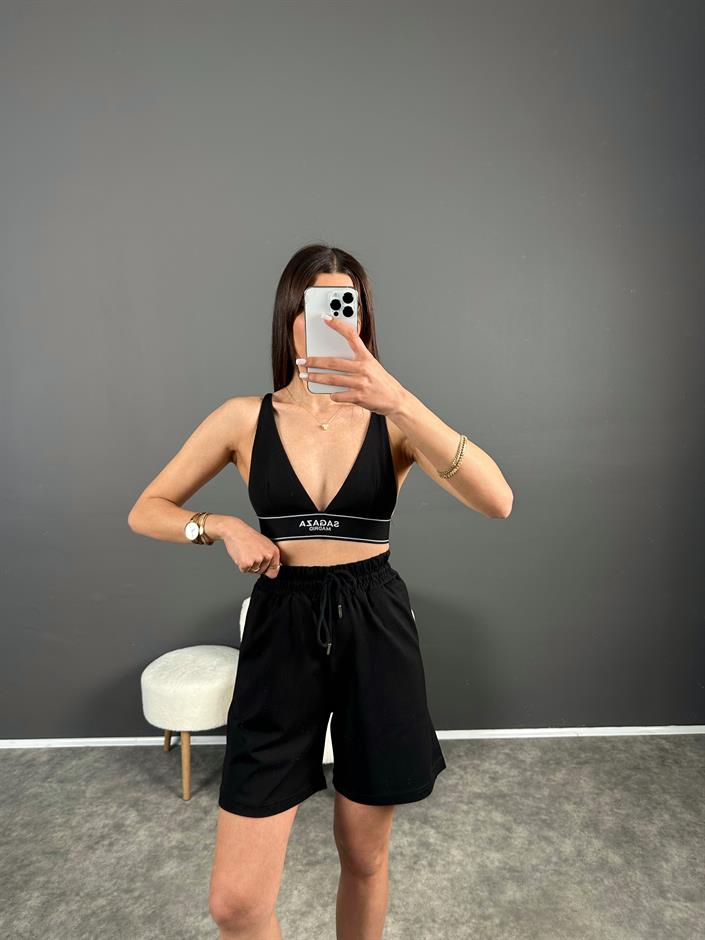 Siyah Premium Etiketli Oversize Şortlu İkili Takım