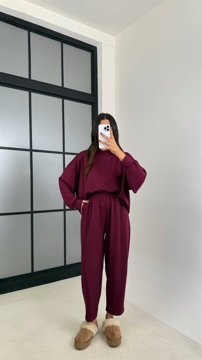 Bordo Uzun Kol Kazak Beli Lastikli Pantolon İkili Modal Kumaş Takım GAUS-00135