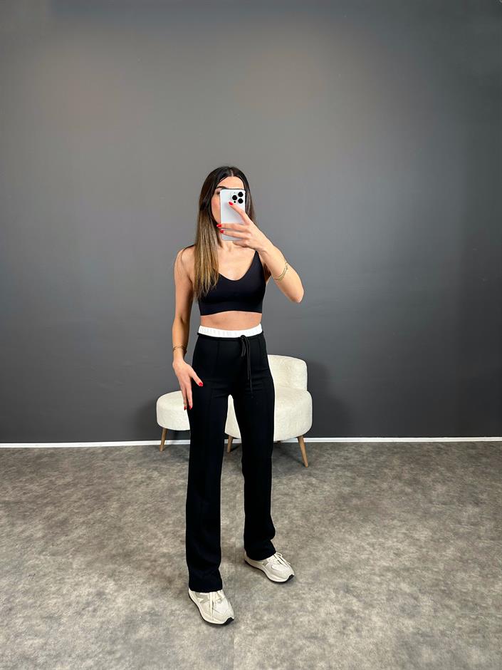 Maso Siyah Bel Detaylı Çımalı Likralı Pantolon 