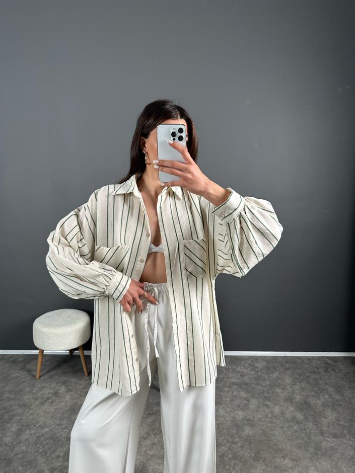 Yeşil Çizgili Keten Oversize Gömlek