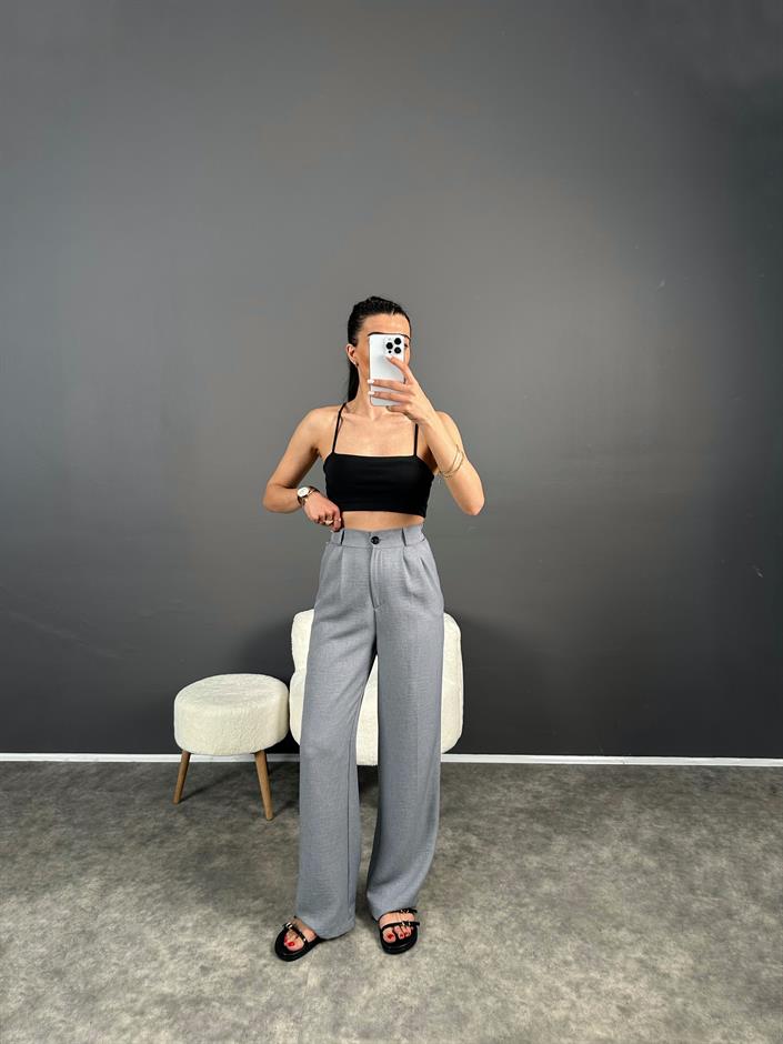 Vive Gri Keten Arkası Lastikli Pantolon