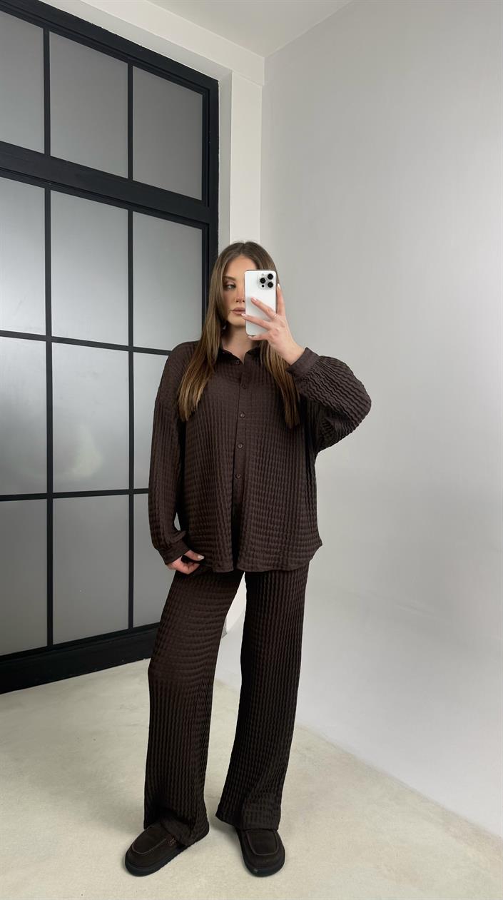 Acı Kahve Gömlek Beli Lastikli Pantolon İkili Bürümcük Takım GAUS-01089