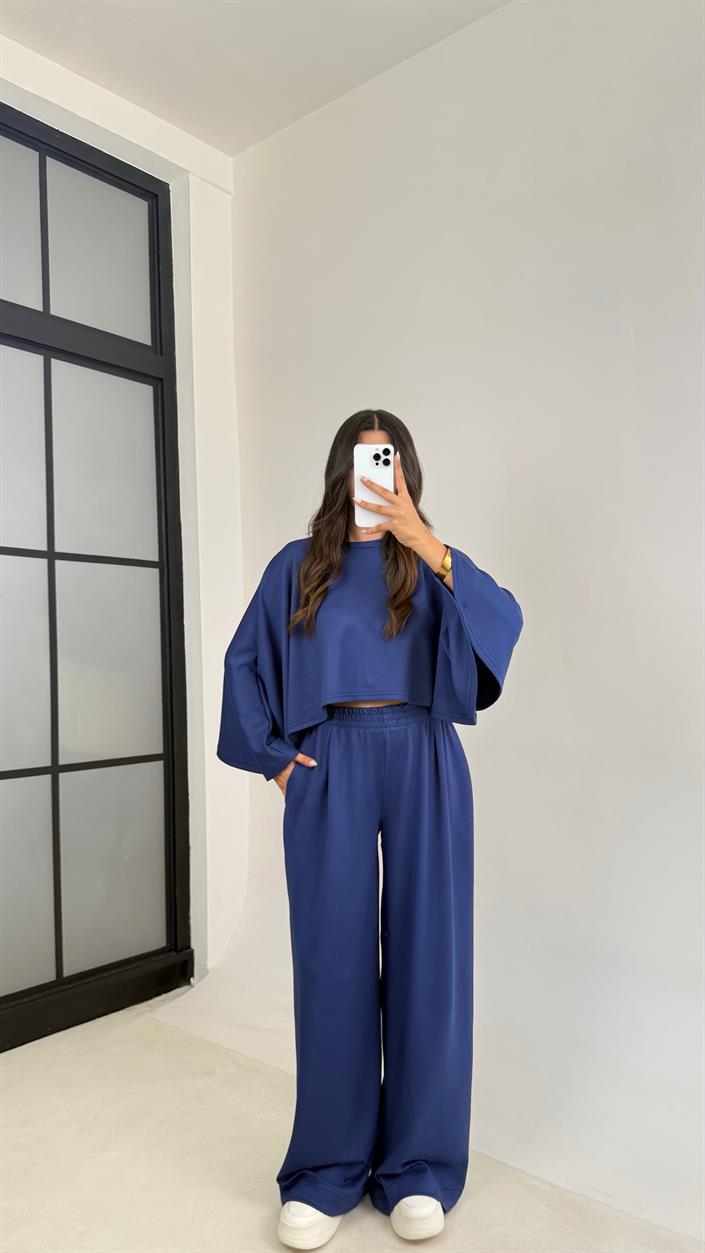 Lacivert Yarasa Kol Crop Beli Lastikli Pantolon OYS Muadil Modal Takım GAUS-0080