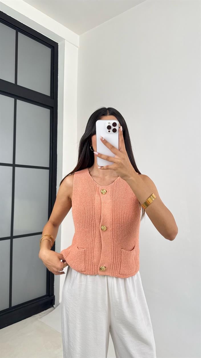 Pembe Cep Detaylı Gold Düğmeli Triko Yelek GAUS-0058