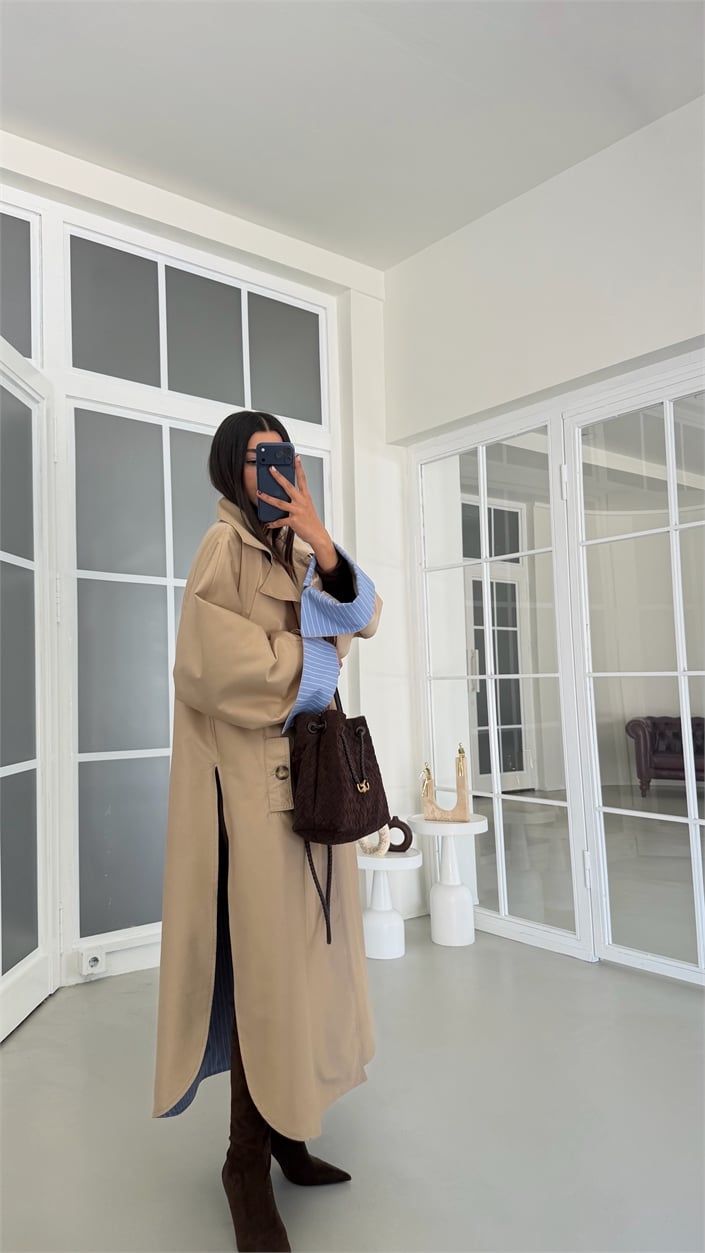 Camel Çizgi Astarlı Kuşaklı Premium Trençkot GAUS-01942