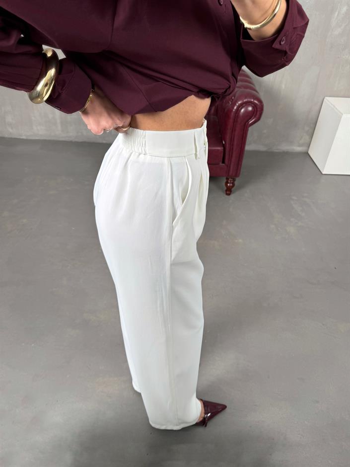 Sagura Beyaz Beli Lastikli Cepli Premium Pantolon