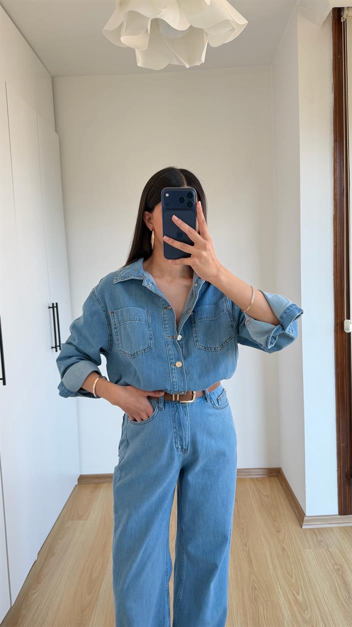 Mavi Beli Lastikli Tencel Denim Tulum GAUS-01394