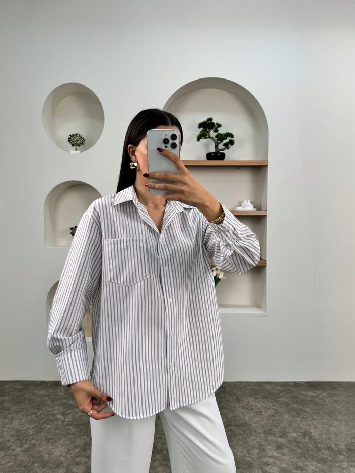 Lita Kahve Çizgili Oversize Gömlek
