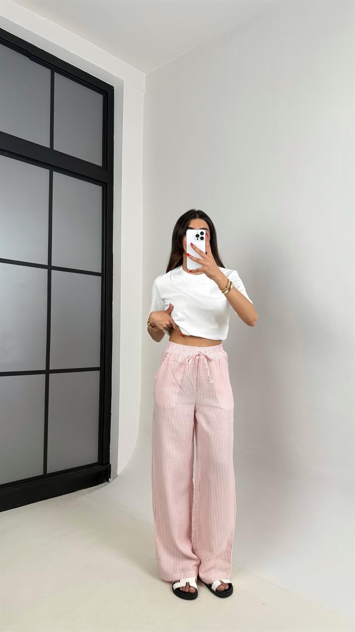 Pembe Beyaz Şeritli Beli Lastikli Keten Pantolon Gaus00479